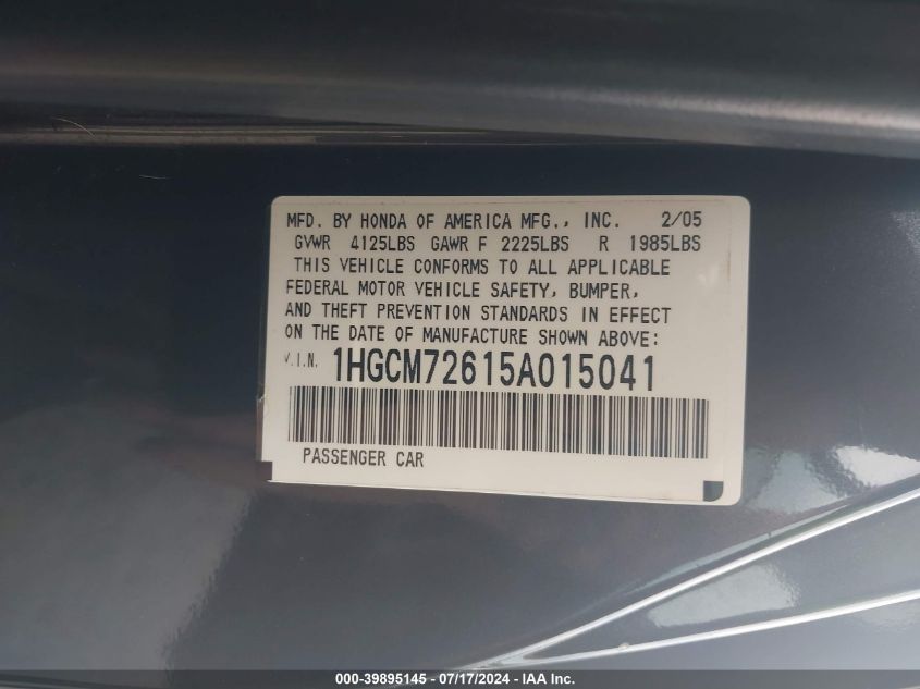 2005 Honda Accord 2.4 Ex VIN: 1HGCM72615A015041 Lot: 39895145