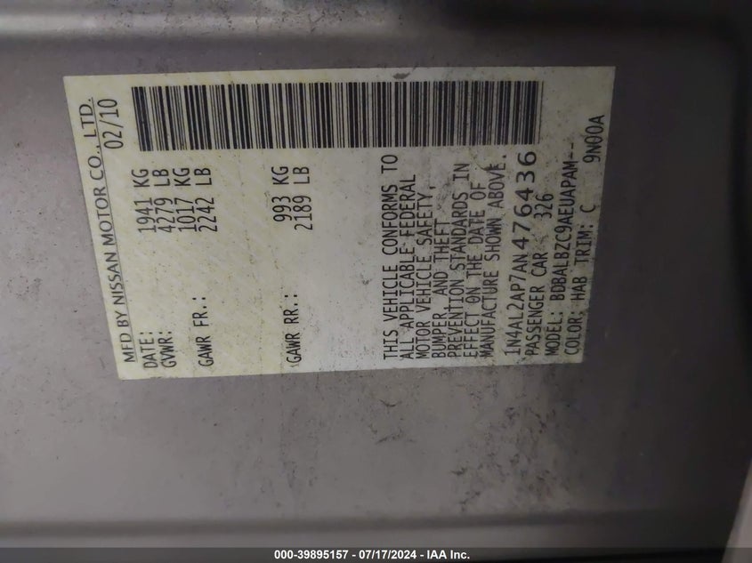 2010 Nissan Altima 2.5 S VIN: 1N4AL2AP7AN476436 Lot: 39895157