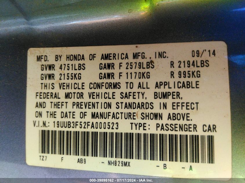 2015 Acura Tlx V6 Tech VIN: 19UUB3F52FA000523 Lot: 39895162