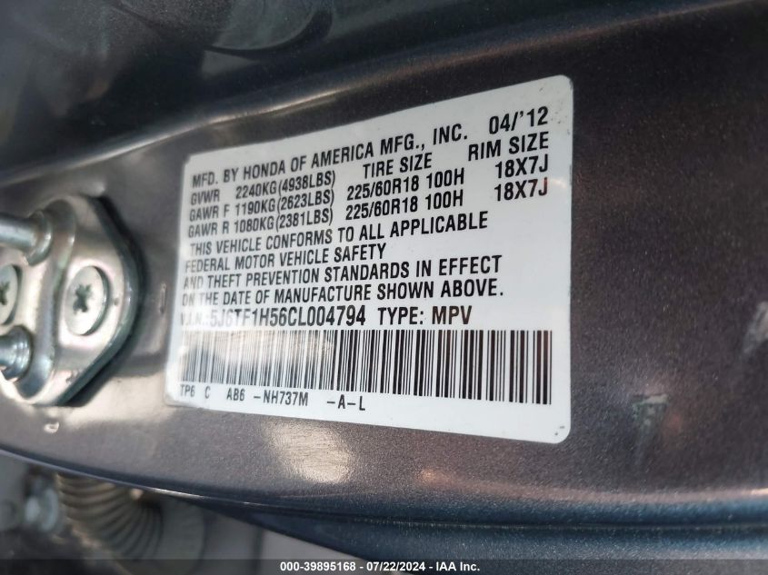 2012 Honda Crosstour Ex-L VIN: 5J6TF1H56CL004794 Lot: 39895168