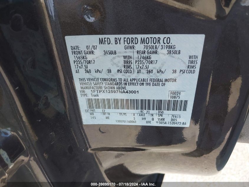 2007 Ford F150 VIN: 1FTPX12597NA43001 Lot: 39895170