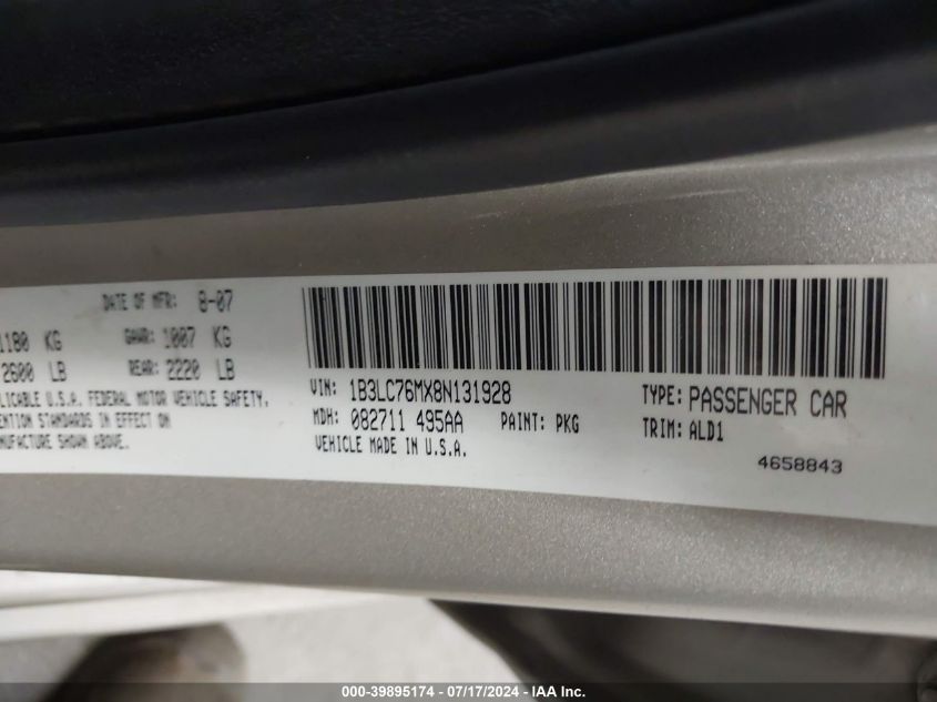 2008 Dodge Avenger R/T VIN: 1B3LC76MX8N131928 Lot: 39895174