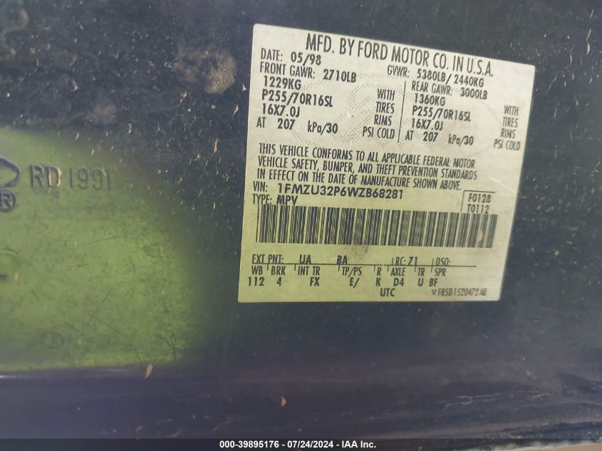 1998 Ford Explorer Eddie Bauer/Limited/Xlt VIN: 1FMZU32P6WZB68281 Lot: 39895176