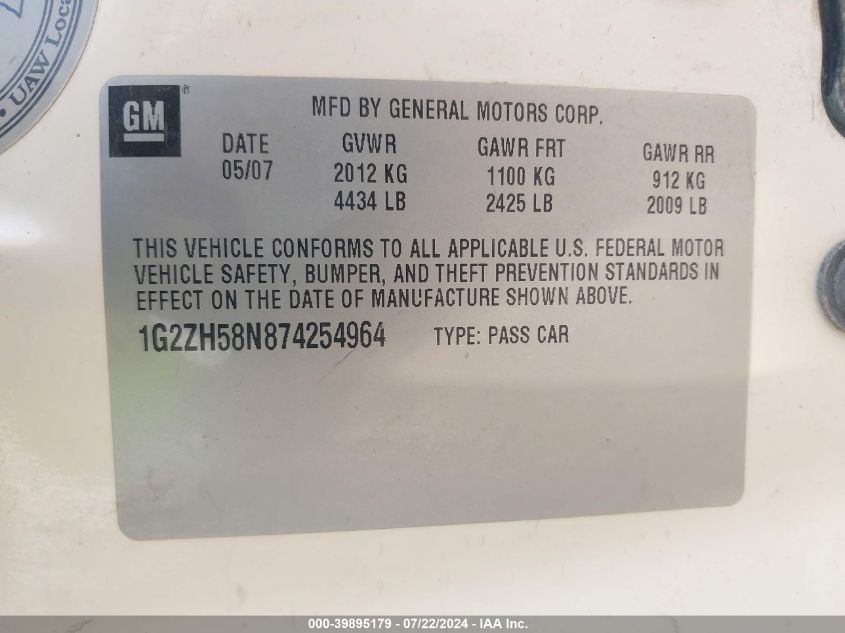 1G2ZH58N874254964 2007 Pontiac G6 Gt