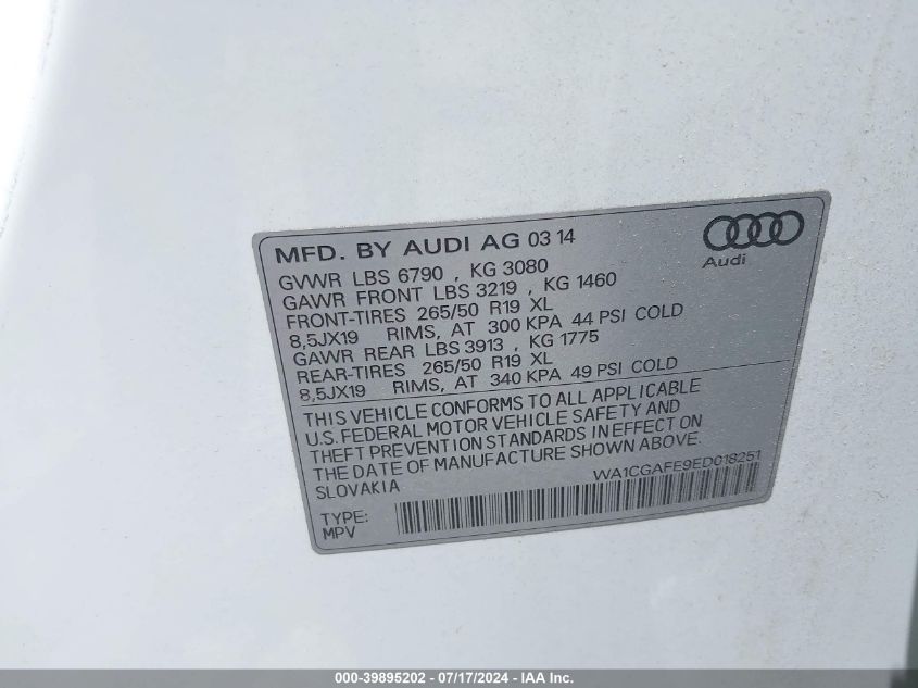 2014 Audi Q7 VIN: WA1CGAFE9ED018251 Lot: 39895202