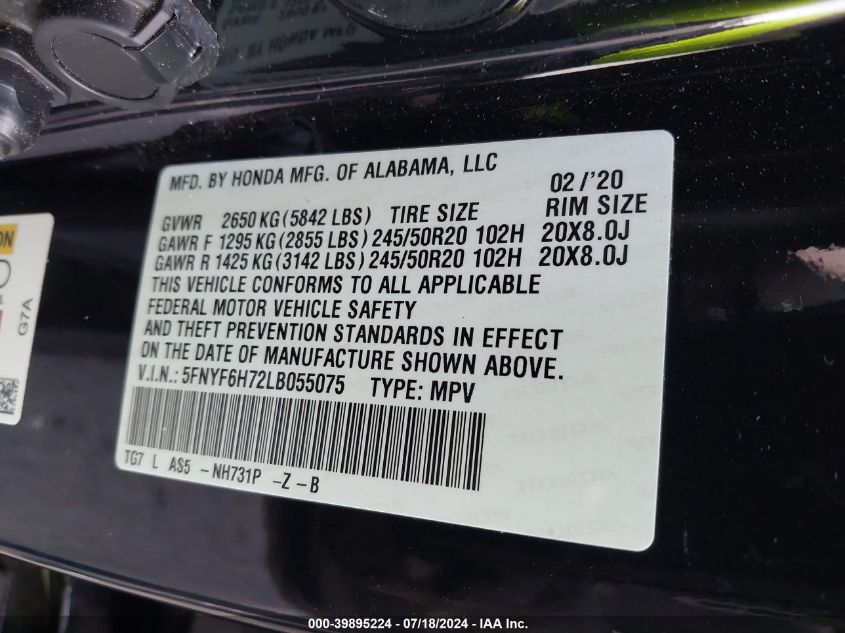 2020 Honda Pilot Awd Black Edition VIN: 5FNYF6H72LB055075 Lot: 39895224