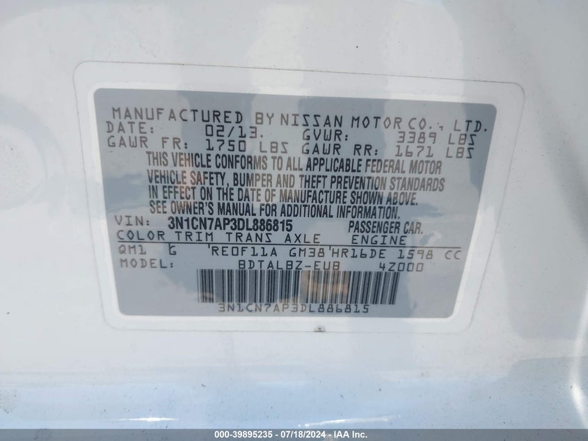 2013 Nissan Versa 1.6 Sv VIN: 3N1CN7AP3DL886815 Lot: 39895235