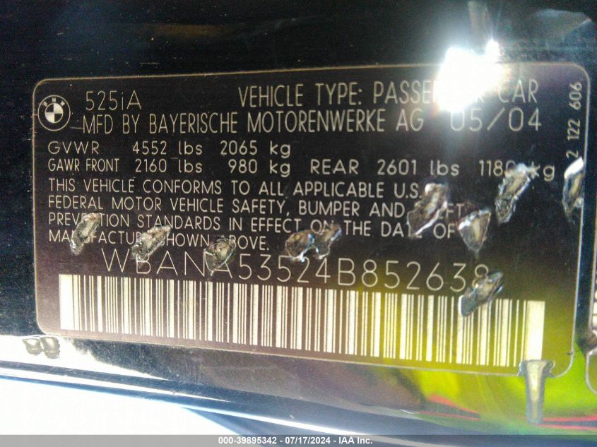 2004 BMW 525 I VIN: WBANA53524B852638 Lot: 39895342