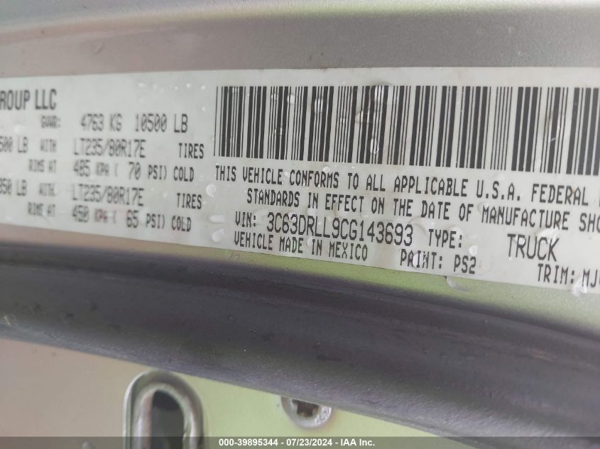 2012 Ram 3500 Slt VIN: 3C63DRLL9CG143693 Lot: 39895344