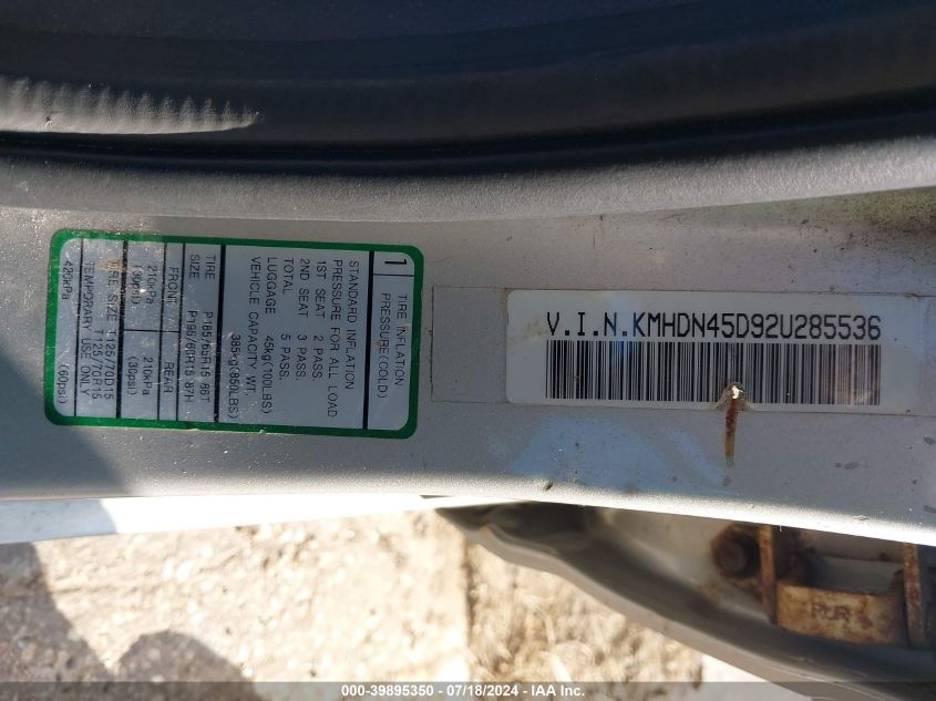 2002 Hyundai Elantra Gls/Gt VIN: KMHDN45D92U285536 Lot: 39895350