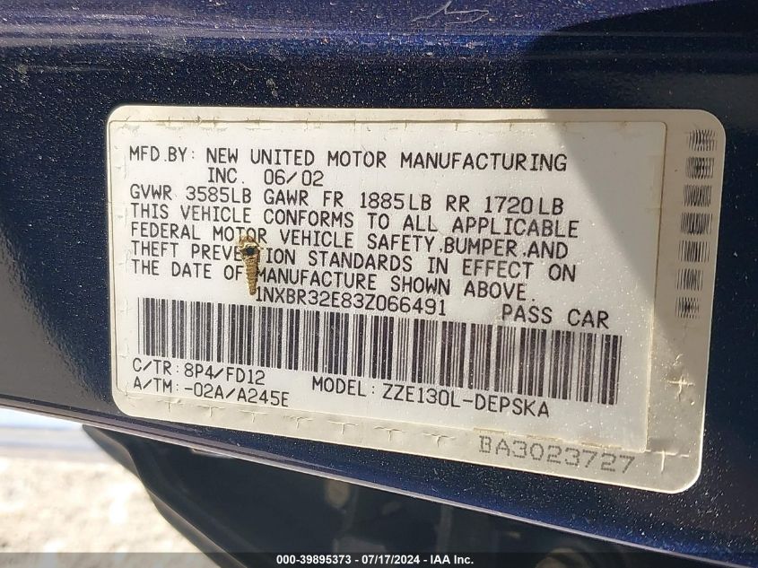 2003 Toyota Corolla S VIN: 1NXBR32E83Z066491 Lot: 39895373