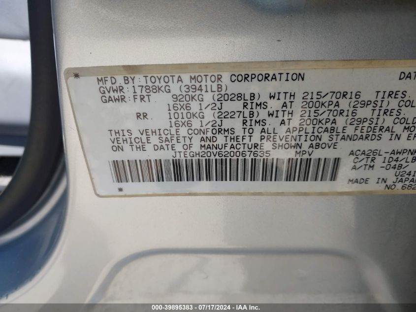 2002 Toyota Rav4 VIN: JTEGH20V620067635 Lot: 39895383