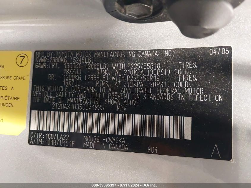 2005 Lexus Rx 330 VIN: 2T2HA31U35C071835 Lot: 39895397