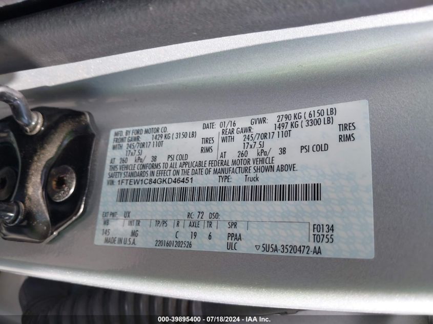 2016 Ford F-150 Xlt VIN: 1FTEW1C84GKD46451 Lot: 39895400