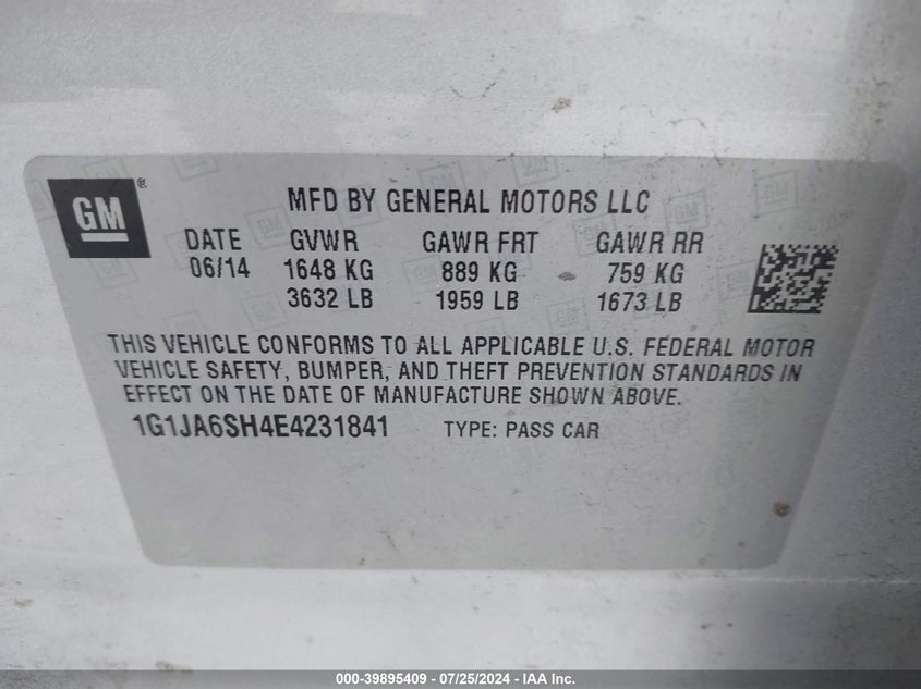 2014 Chevrolet Sonic Ls VIN: 1G1JA6SH4E4231841 Lot: 39895409