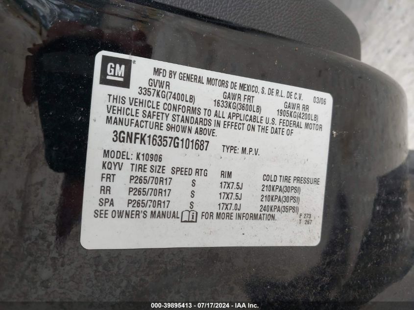 2007 Chevrolet Suburban 1500 Lt VIN: 3GNFK16357G101687 Lot: 39895413