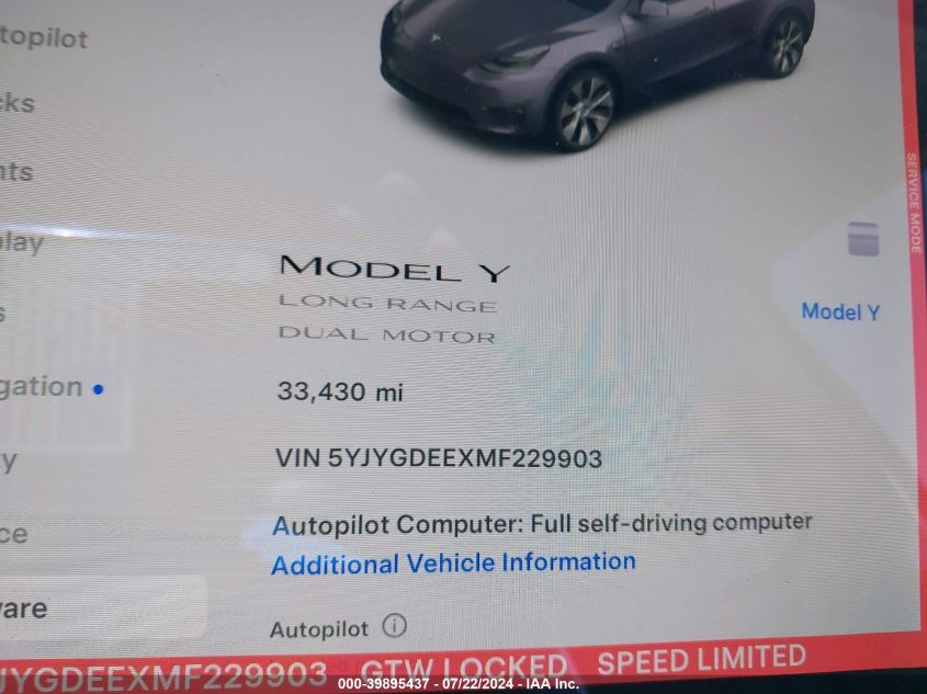 2021 Tesla Model Y Long Range Dual Motor All-Wheel Drive VIN: 5YJYGDEEXMF229903 Lot: 39895437