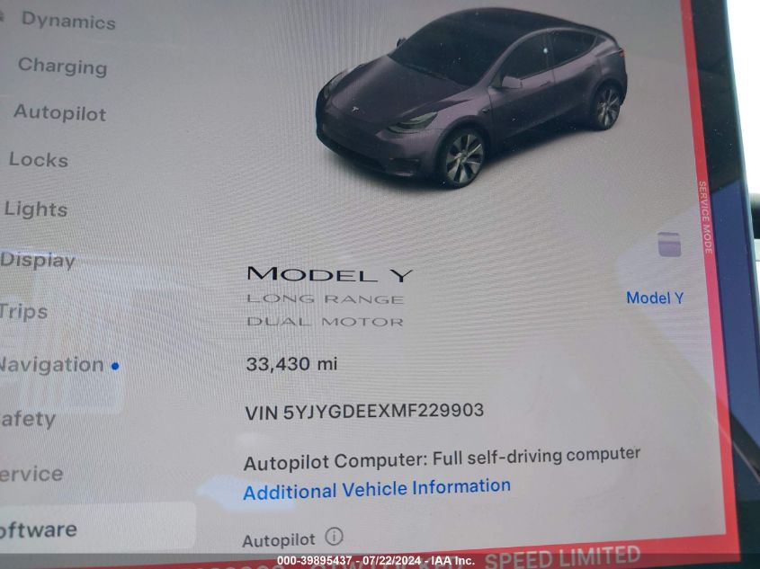 2021 Tesla Model Y Long Range Dual Motor All-Wheel Drive VIN: 5YJYGDEEXMF229903 Lot: 39895437