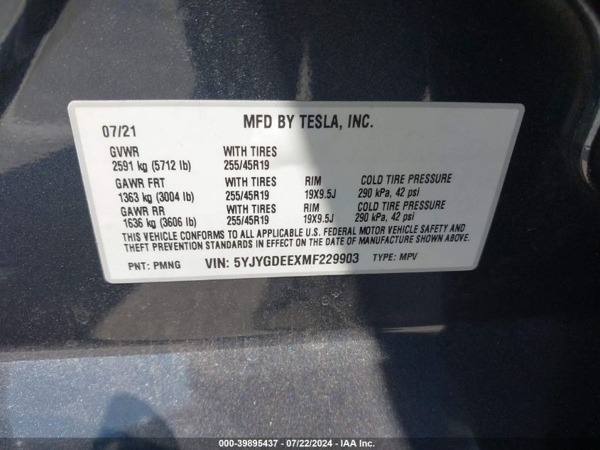 2021 Tesla Model Y Long Range Dual Motor All-Wheel Drive VIN: 5YJYGDEEXMF229903 Lot: 39895437