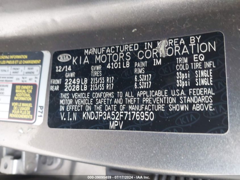 2015 Kia Soul + VIN: KNDJP3A52F7176950 Lot: 39895459