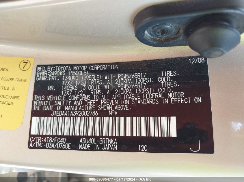 2009 Toyota Highlander VIN: JTEDA41A392002786 Lot: 39895477