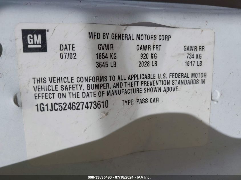 2002 Chevrolet Cavalier Cng VIN: 1G1JC524627473610 Lot: 39895490