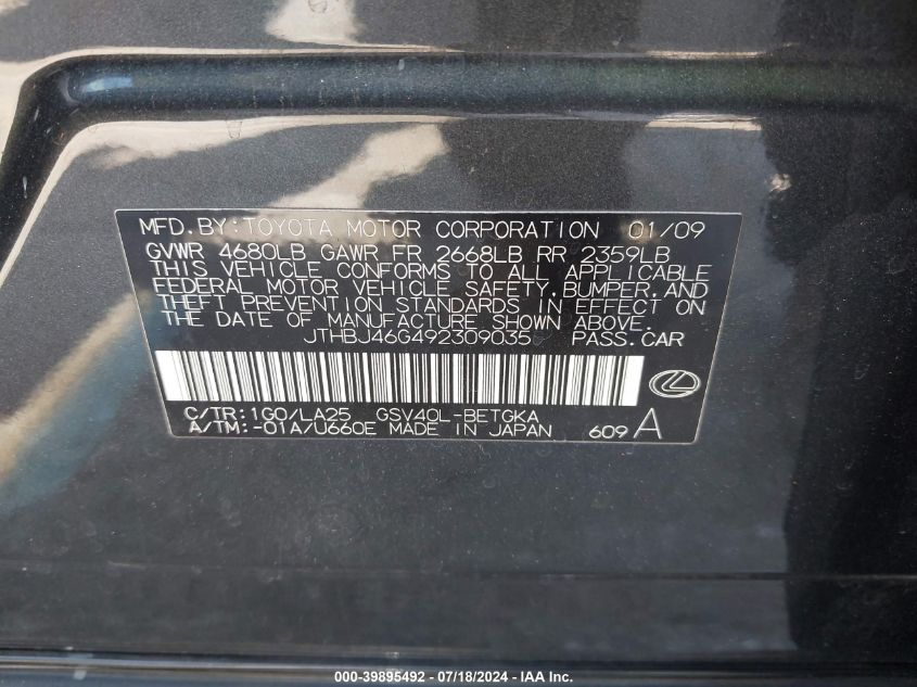 2009 Lexus Es 350 VIN: JTHBJ46G492309035 Lot: 39895492