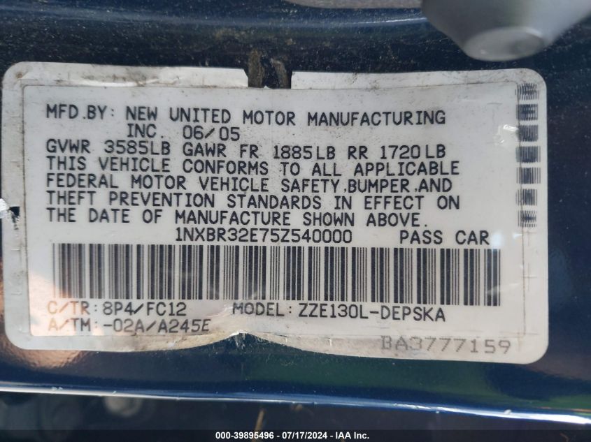 2005 Toyota Corolla S VIN: 1NXBR32E75Z540000 Lot: 39895496