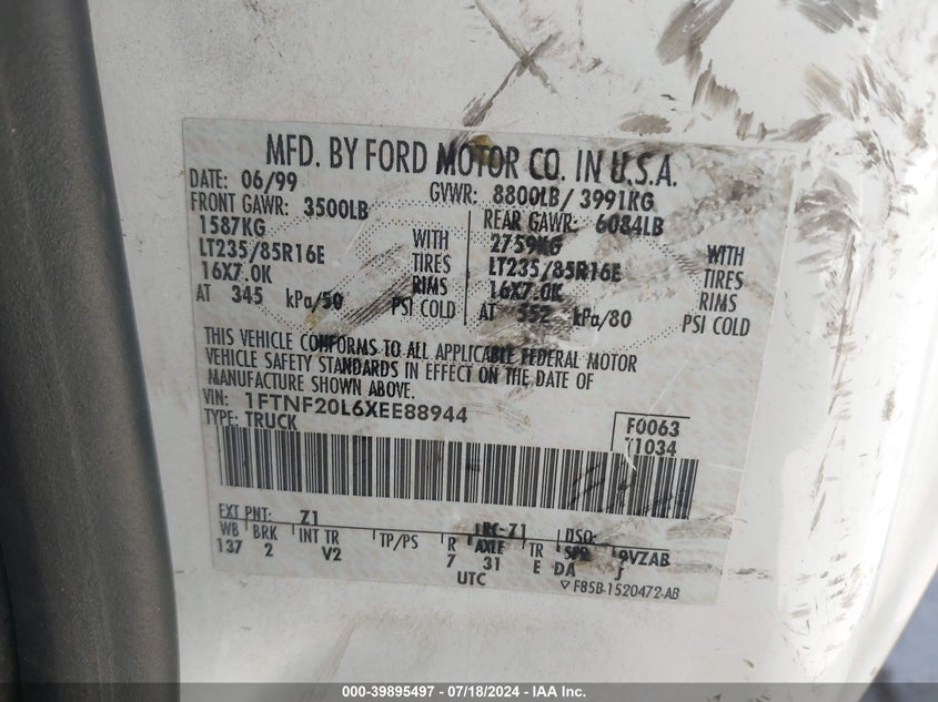 1999 Ford F250 Super Duty VIN: 1FTNF20L6XEE88944 Lot: 39895497