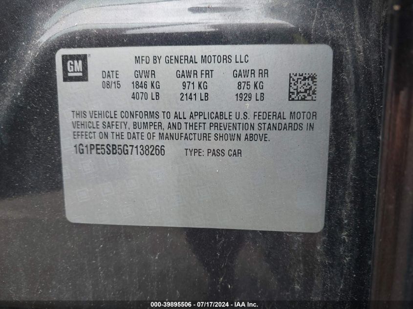 2016 Chevrolet Cruze Limited 1Lt Auto VIN: 1G1PE5SB5G7138266 Lot: 39895506