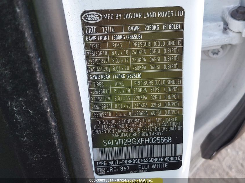 2015 LAND ROVER RANGE ROVER EVOQUE PURE - SALVR2BGXFH025668