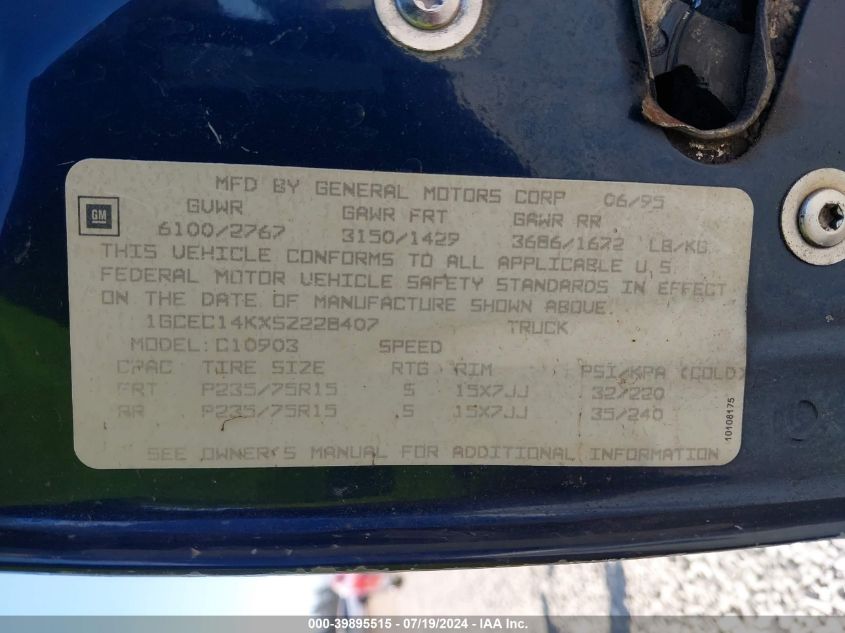 1995 Chevrolet Gmt-400 C1500 VIN: 1GCEC14KXSZ228407 Lot: 39895515