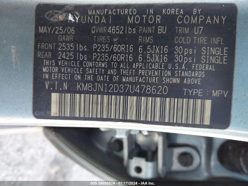 2007 Hyundai Tucson Limited/Se VIN: KM8JN12D37U478620 Lot: 39895524