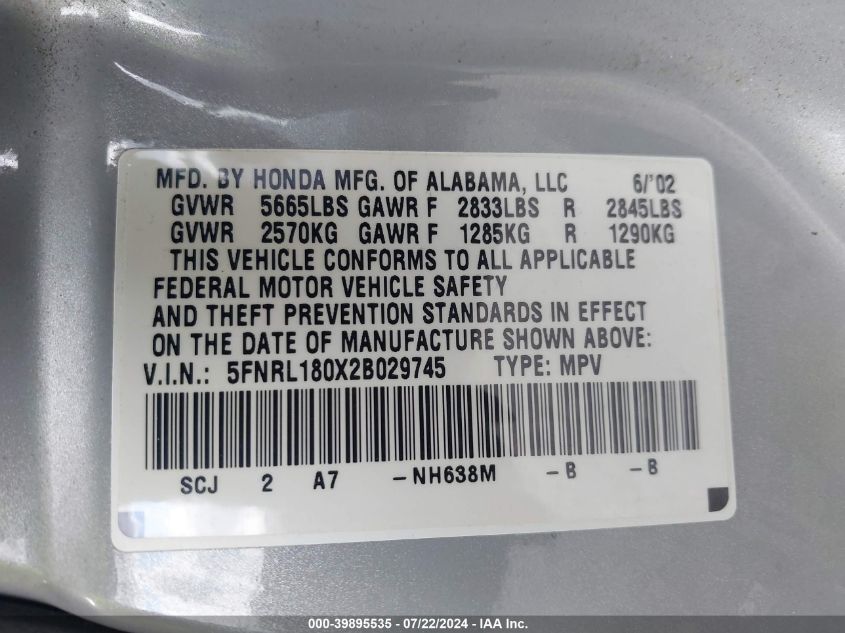 2002 Honda Odyssey Ex-L VIN: 5FNRL180X2B029745 Lot: 39895535