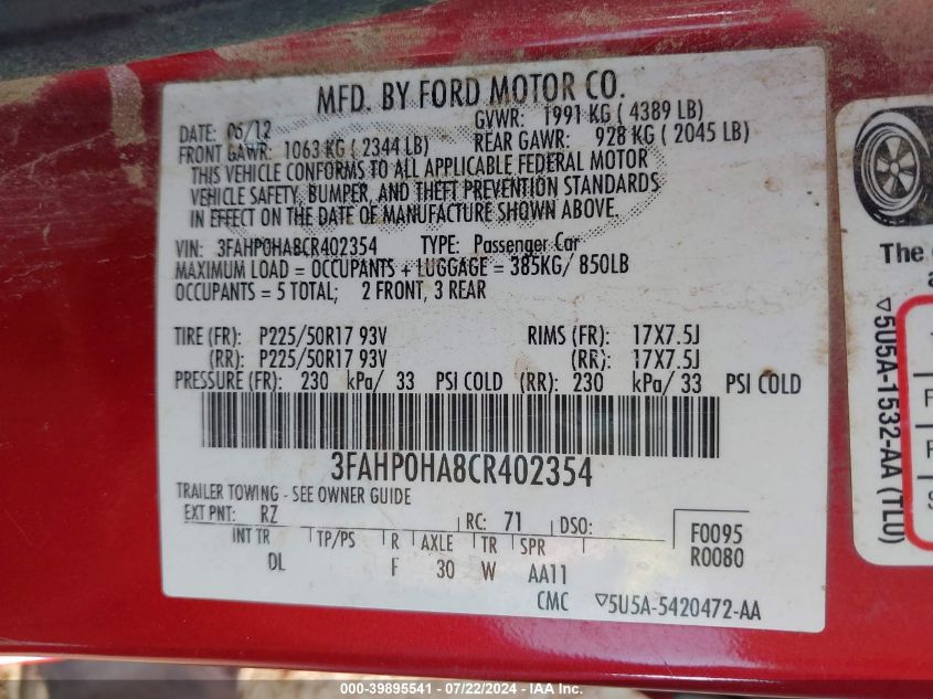 2012 Ford Fusion Se VIN: 3FAHP0HA8CR402354 Lot: 39895541