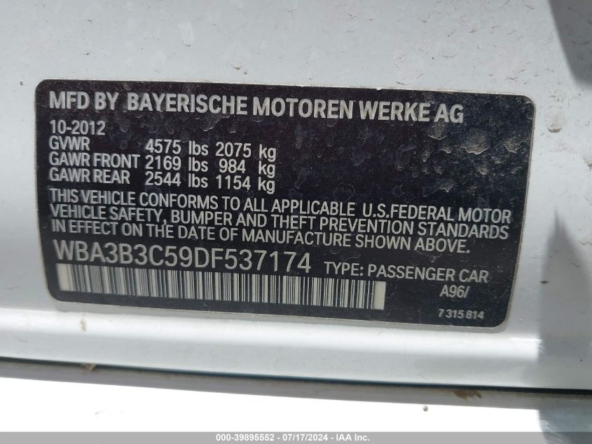 2013 BMW 328I xDrive VIN: WBA3B3C59DF537174 Lot: 39895552