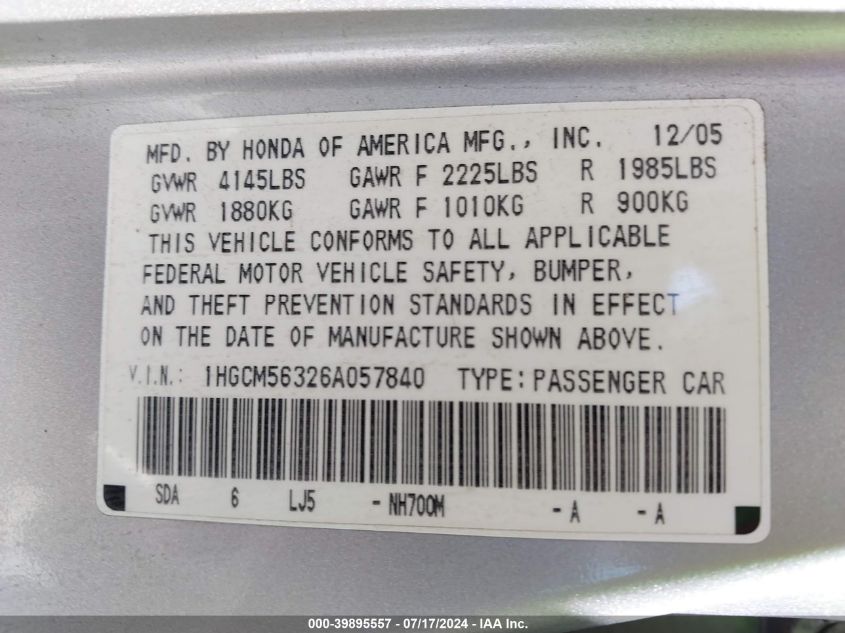 2006 Honda Accord 2.4 Se VIN: 1HGCM56326A057840 Lot: 39895557