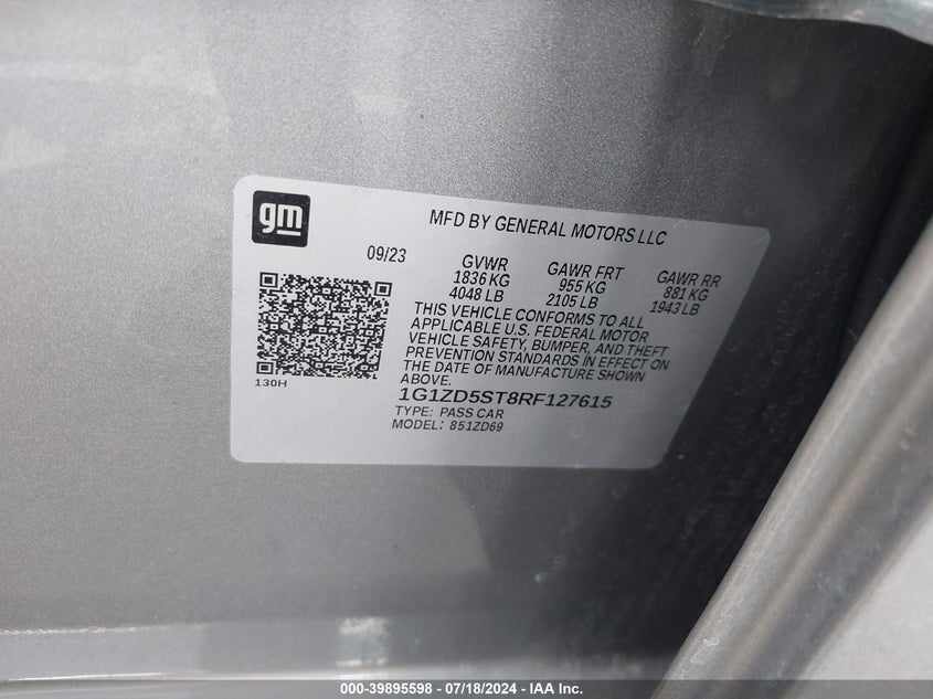 2024 Chevrolet Malibu Lt VIN: 1G1ZD5ST8RF127615 Lot: 39895598