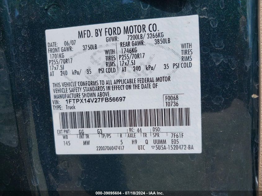 2007 Ford F-150 Fx4/Lariat/Xl/Xlt VIN: 1FTPX14V27FB56697 Lot: 39895604