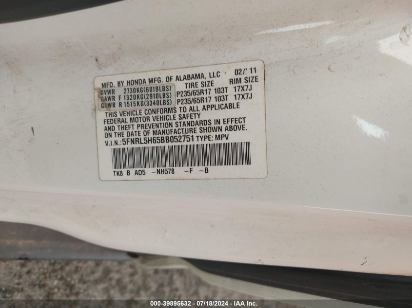 2011 Honda Odyssey Ex-L VIN: 5FNRL5H65BB052751 Lot: 39895632