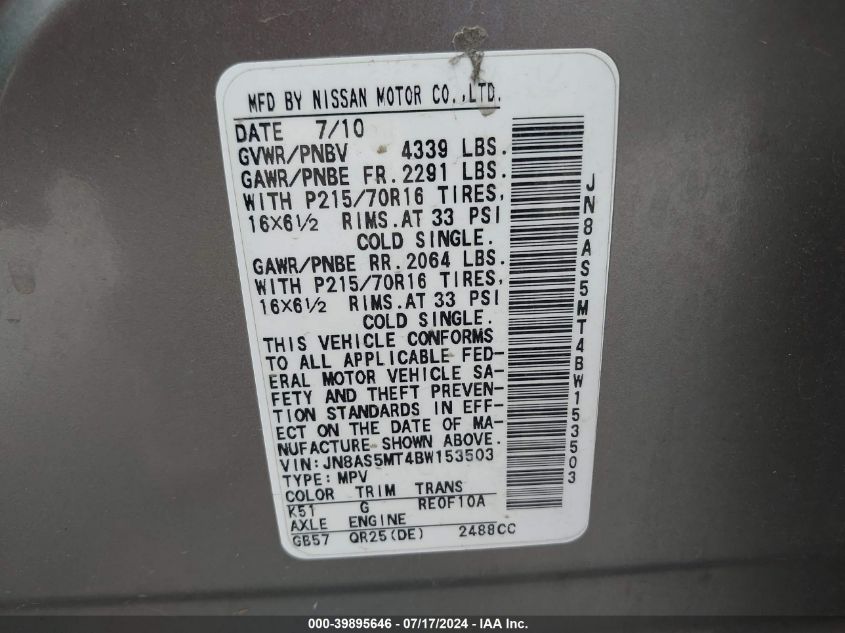 2011 Nissan Rogue S VIN: JN8AS5MT4BW153503 Lot: 39895646