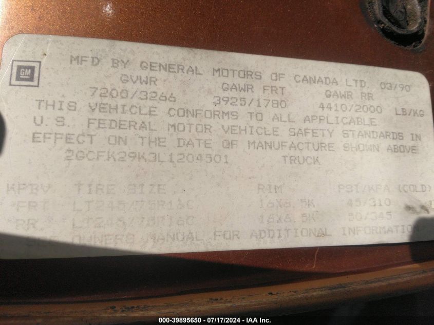 1990 Chevrolet Gmt-400 K2500 VIN: 2GCFK29K3L1204501 Lot: 39895650