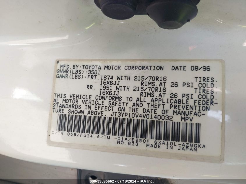1997 Toyota Rav4 VIN: JT3YP10V4V0140032 Lot: 39895662