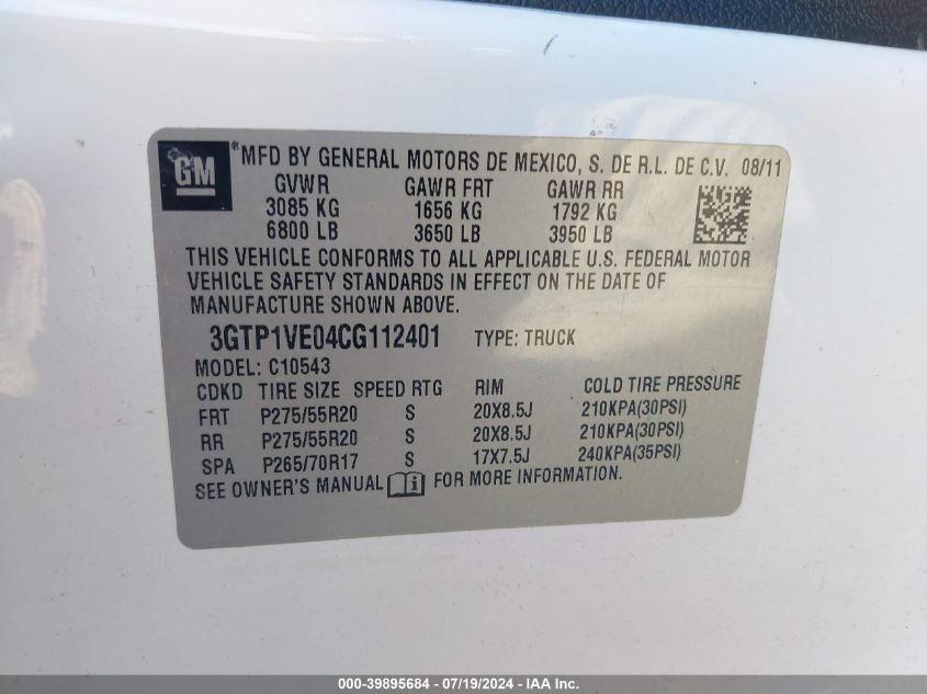 2012 GMC Sierra C1500 Sle VIN: 3GTP1VE04CG112401 Lot: 39895684