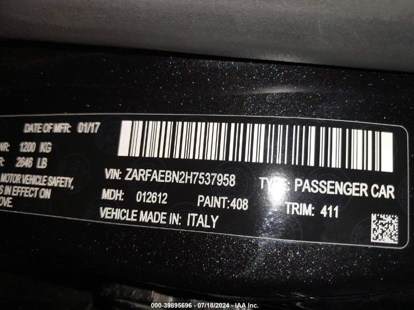 2017 Alfa Romeo Giulia VIN: ZARFAEBN2H7537958 Lot: 39895696