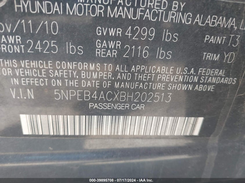 2011 Hyundai Sonata Gls VIN: 5NPEB4ACXBH202513 Lot: 39895708