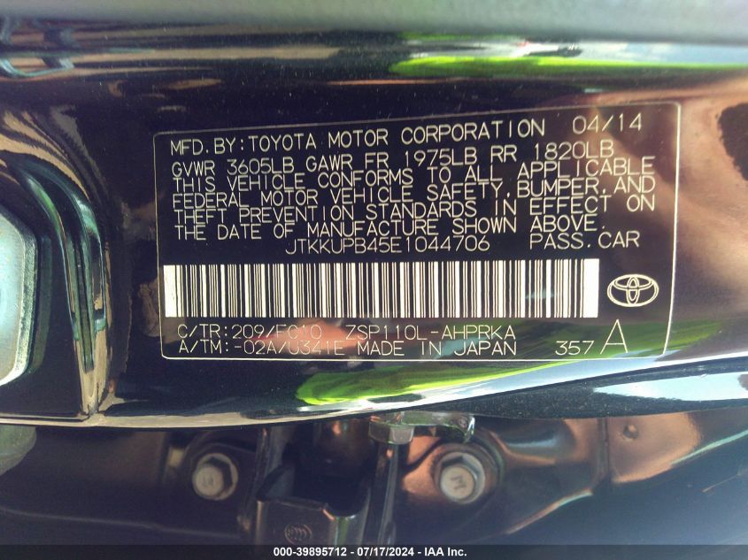 2014 Scion Xd VIN: JTKKUPB45E1044706 Lot: 39895712