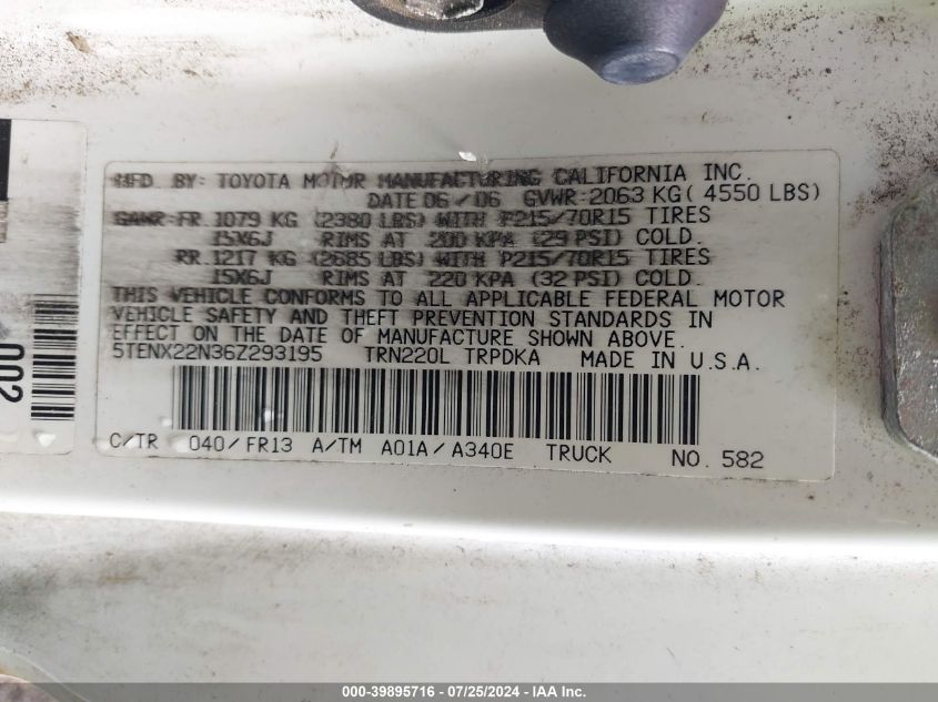 2006 Toyota Tacoma VIN: 5TENX22N36Z293195 Lot: 39895716