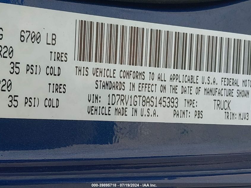 2010 Dodge Ram 1500 Slt/Sport/Trx VIN: 1D7RV1GT8AS145393 Lot: 39895718