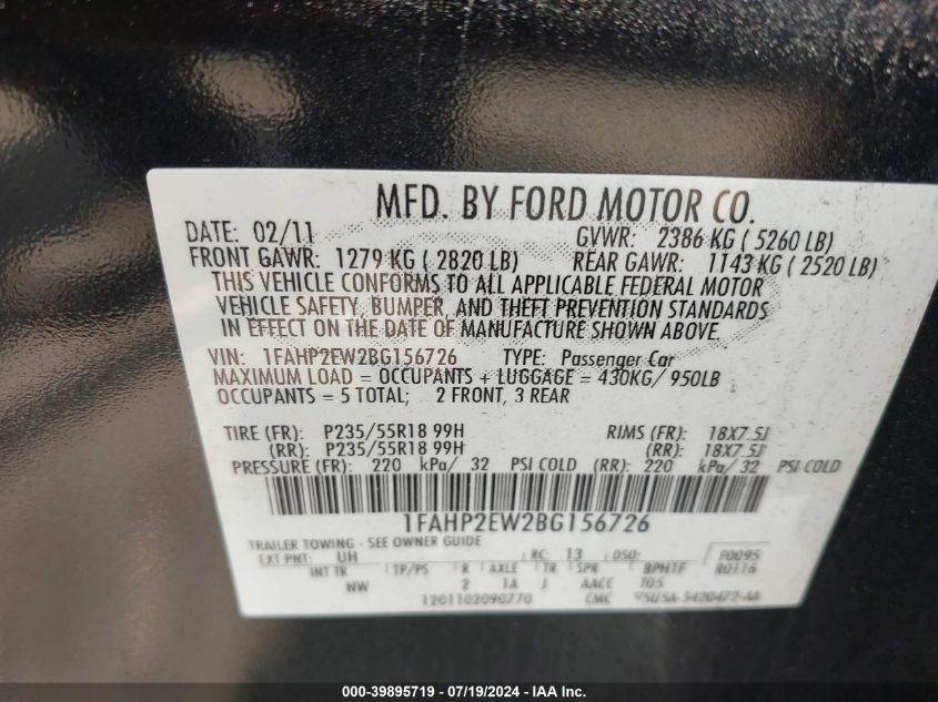 2011 Ford Taurus Sel VIN: 1FAHP2EW2BG156726 Lot: 39895719